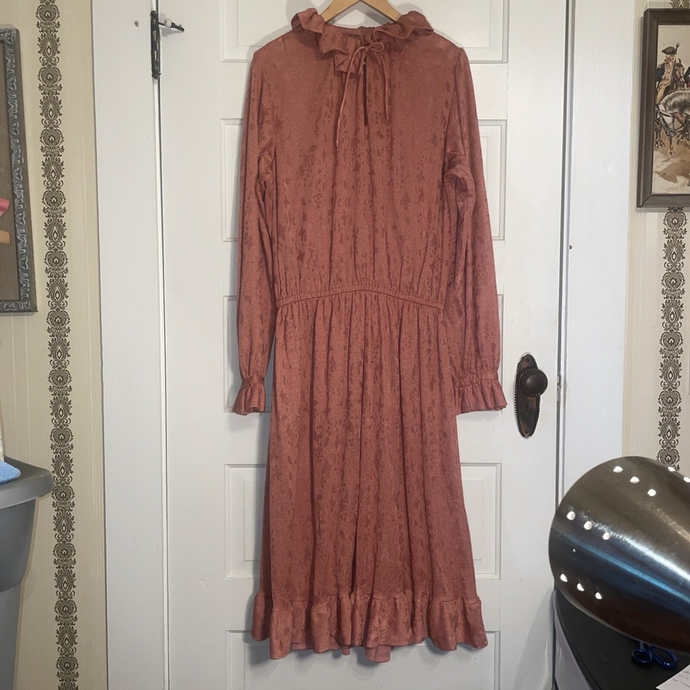 Vintage Handmade Dress And Slip Mauve Rose Ruffle Neck Sleeve Cuffs & Hem Period